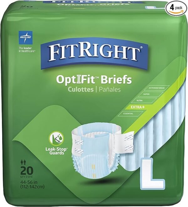 FitRight OptiFit Extra+ Adult Diapers with leak stop guards, Disposable Incontinence Briefs with Tabs, Moderate Absorbency, Large, 44"-56", 20 Count (Pack of 4)