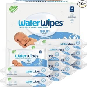WaterWipes Plastic-Free Original Baby Wipes, 99.9% Water Based Wipes, Unscented & Hypoallergenic for Sensitive Skin, 60 Count (Pack of 12), Packaging May Vary