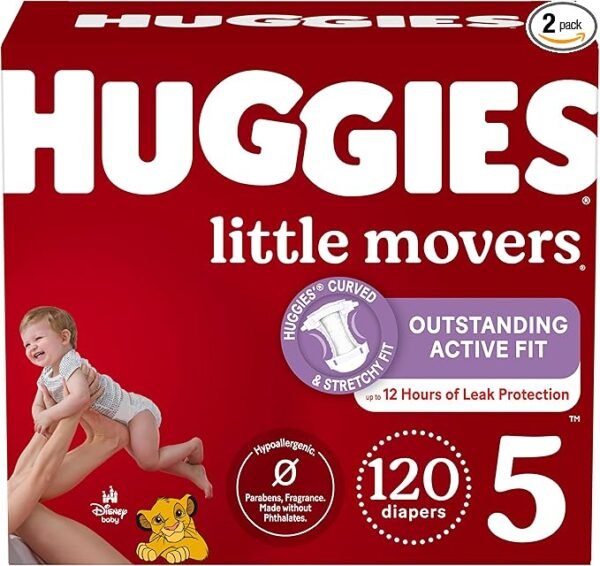 Huggies Size 5 Diapers, Little Movers Baby Diapers, Size 5 (27+ lbs), 120 Count (2 Packs of 60)