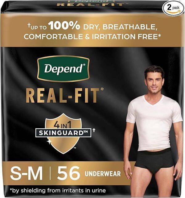 Depend Real Fit Incontinence Underwear for Men, Disposable, Maximum Absorbency, Small/Medium, Black, 56 Count (2 Packs of 28), Packaging May Vary